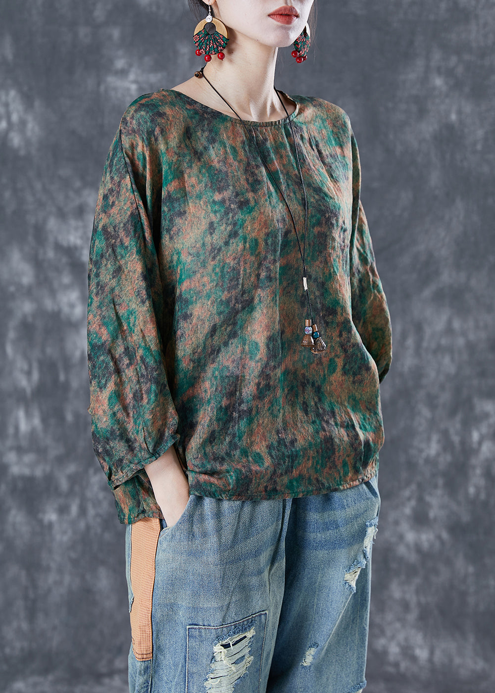 Handmade Green Oversized Tie Dye Linen Shirt Top Bracelet Sleeve LY5071 - fabuloryshop