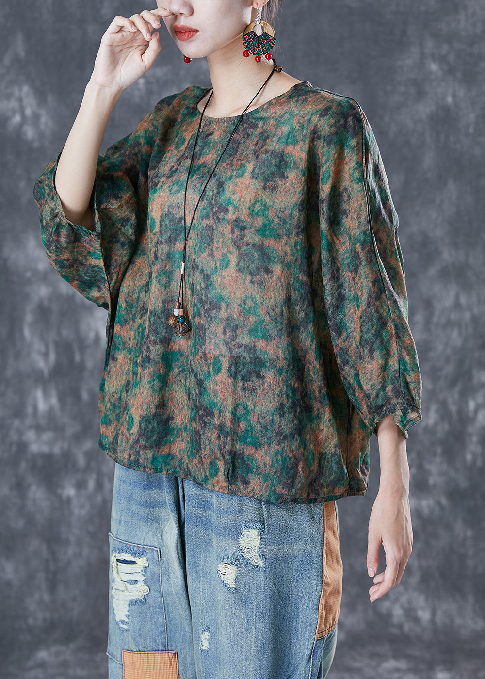 Handmade Green Oversized Tie Dye Linen Shirt Top Bracelet Sleeve LY5071 - fabuloryshop