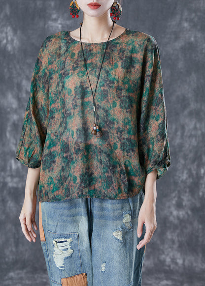 Handmade Green Oversized Tie Dye Linen Shirt Top Bracelet Sleeve TA1037 - fabuloryshop