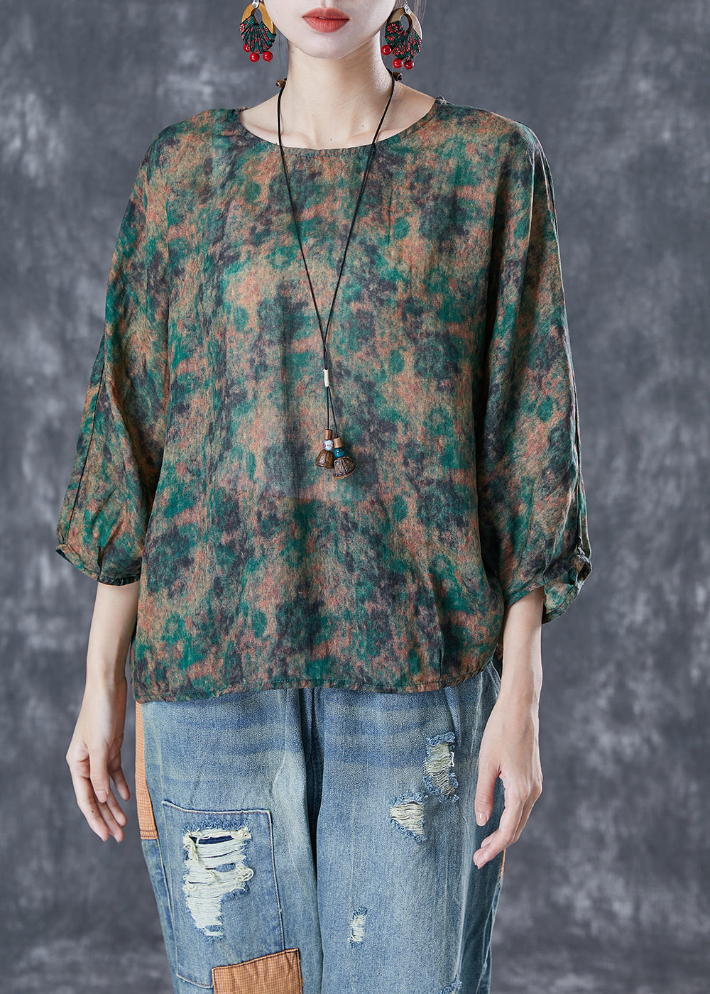 Handmade Green Oversized Tie Dye Linen Shirt Top Bracelet Sleeve LY5071 - fabuloryshop