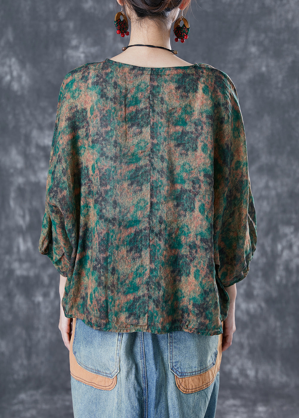 Handmade Green Oversized Tie Dye Linen Shirt Top Bracelet Sleeve LY5071 - fabuloryshop