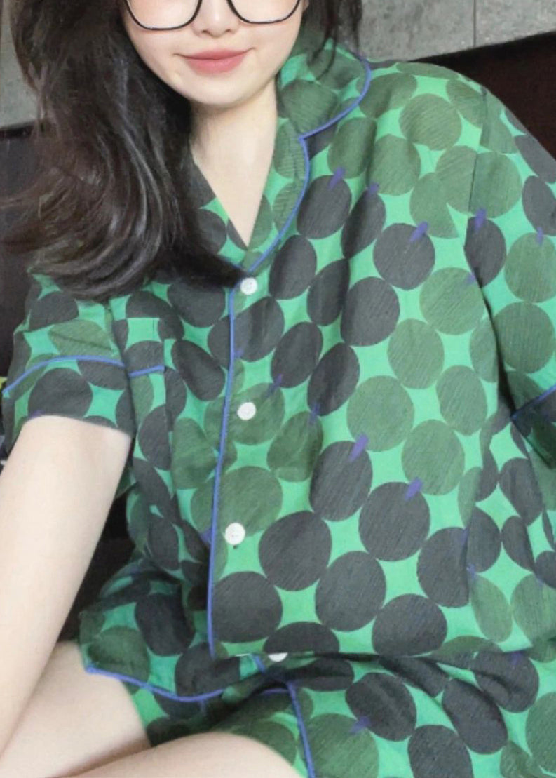 Handmade Green Peter Pan Collar Dot Print Button Ice Silk Pajamas Two Pieces Set Summer TO1009 - fabuloryshop