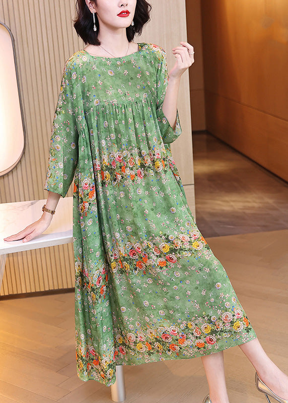 Handmade Green Print Wrinkled Patchwork Silk Long Dress Long Sleeve LY1786 - fabuloryshop