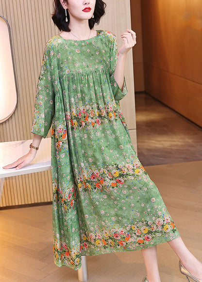 Handmade Green Print Wrinkled Patchwork Silk Long Dress Long Sleeve LY1786 - fabuloryshop