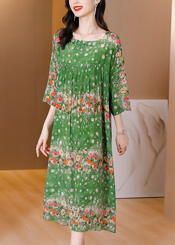 Handmade Green Print Wrinkled Patchwork Silk Long Dress Long Sleeve LY1786 - fabuloryshop