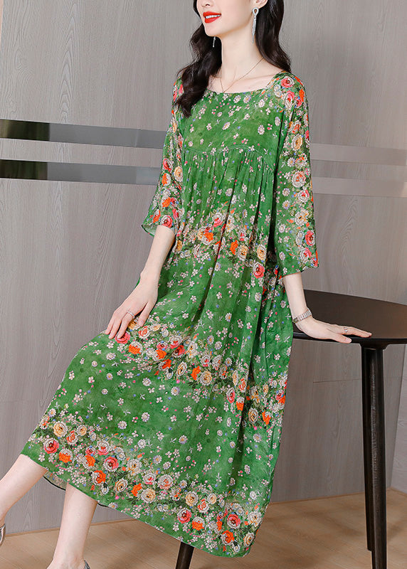 Handmade Green Print Wrinkled Patchwork Silk Long Dress Long Sleeve LY1786 - fabuloryshop