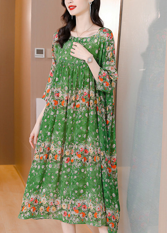 Handmade Green Print Wrinkled Patchwork Silk Long Dress Long Sleeve LY1786 - fabuloryshop