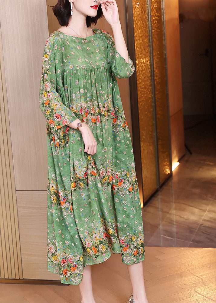 Handmade Green Print Wrinkled Patchwork Silk Long Dress Long Sleeve LY1786 - fabuloryshop