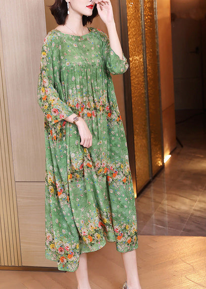 Handmade Green Print Wrinkled Patchwork Silk Long Dress Long Sleeve LY1786 - fabuloryshop