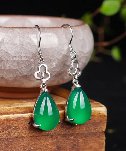 Handmade Green Sterling Silver Chalcedony Water Drop Drop Earrings Ada Fashion