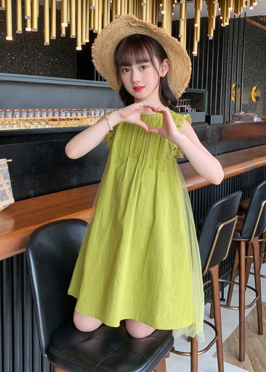 Handmade Green Tulle Patchwork Solid Cotton Kids Mid Dresses Sleeveless LY6433 - fabuloryshop