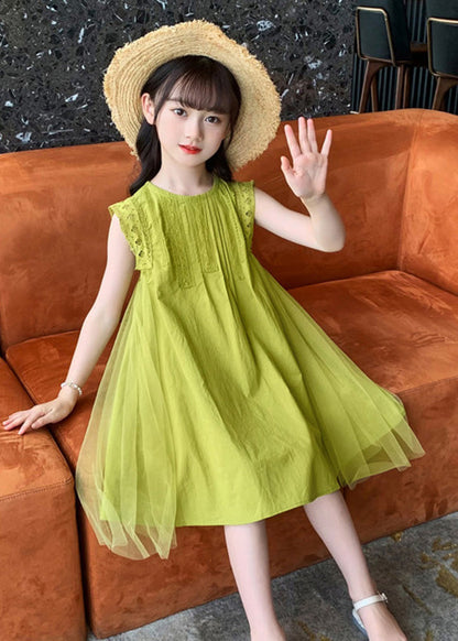 Handmade Green Tulle Patchwork Solid Cotton Kids Mid Dresses Sleeveless LY6433 - fabuloryshop