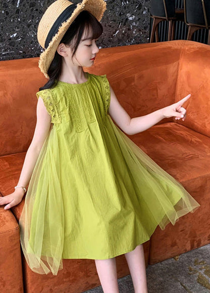 Handmade Green Tulle Patchwork Solid Cotton Kids Mid Dresses Sleeveless LY6433 - fabuloryshop