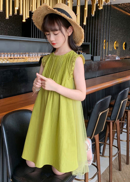 Handmade Green Tulle Patchwork Solid Cotton Kids Mid Dresses Sleeveless LY6433 - fabuloryshop