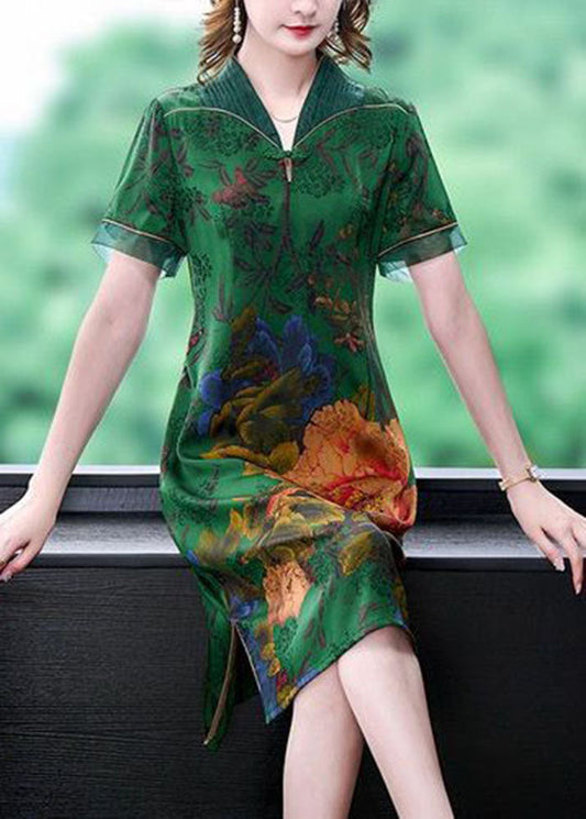 Handmade Green V Neck Print Slim Fit Silk Long Dress Summer LC0214 - fabuloryshop