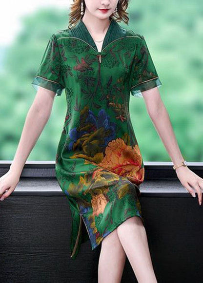 Handmade Green V Neck Print Slim Fit Silk Long Dress Summer LY1673 - fabuloryshop