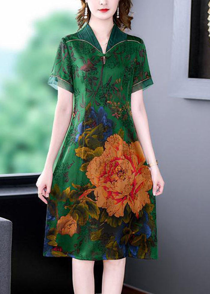 Handmade Green V Neck Print Slim Fit Silk Long Dress Summer LC0214 - fabuloryshop