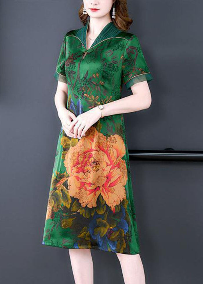 Handmade Green V Neck Print Slim Fit Silk Long Dress Summer LC0214 - fabuloryshop