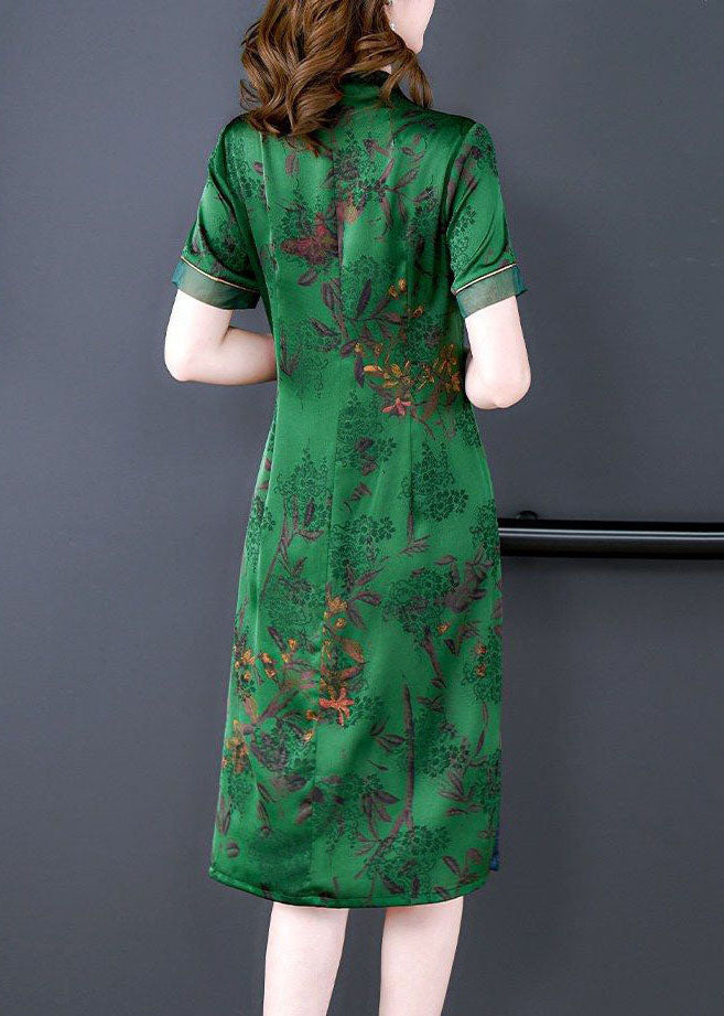 Handmade Green V Neck Print Slim Fit Silk Long Dress Summer LC0214 - fabuloryshop