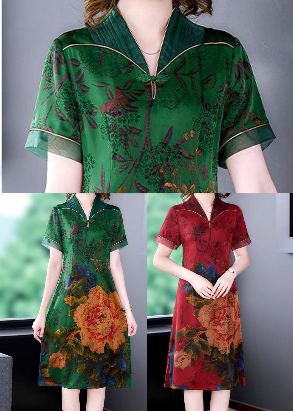 Handmade Green V Neck Print Slim Fit Silk Long Dress Summer LY1673 - fabuloryshop