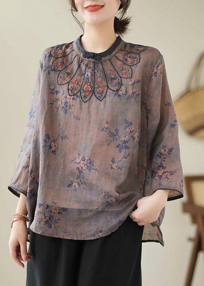 Handmade Grey Blue Embroideried Print Linen Blouse Top Bracelet Sleeve LY4926 - fabuloryshop