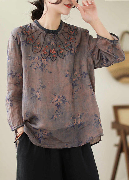 Handmade Grey Blue Embroideried Print Linen Blouse Top Bracelet Sleeve LY4926 - fabuloryshop