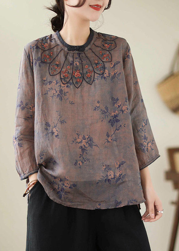 Handmade Grey Blue Embroideried Print Linen Blouse Top Bracelet Sleeve LY4926 - fabuloryshop