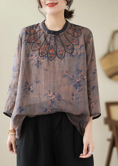 Handmade Grey Blue Embroideried Print Linen Blouse Top Bracelet Sleeve LY4926 - fabuloryshop