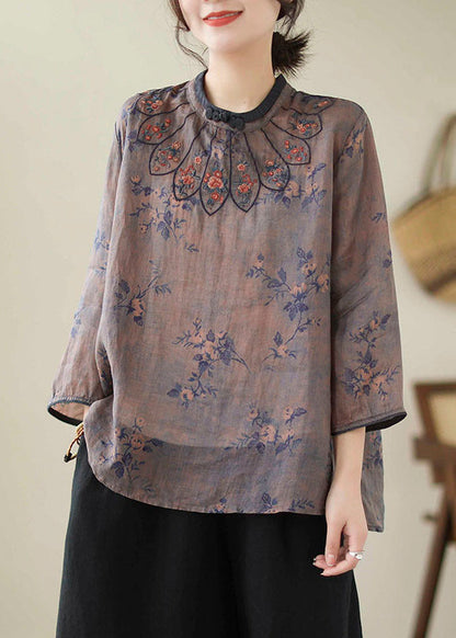 Handmade Grey Blue Embroideried Print Linen Blouse Top Bracelet Sleeve LY4926 - fabuloryshop