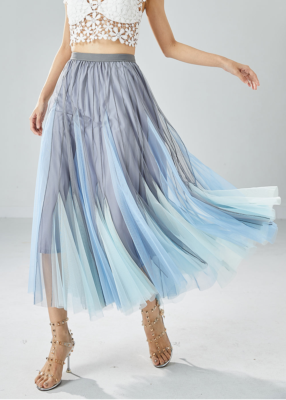 Handmade Grey Blue High Waist Patchwork Tulle Pleated Skirt Summer LY6061 - fabuloryshop