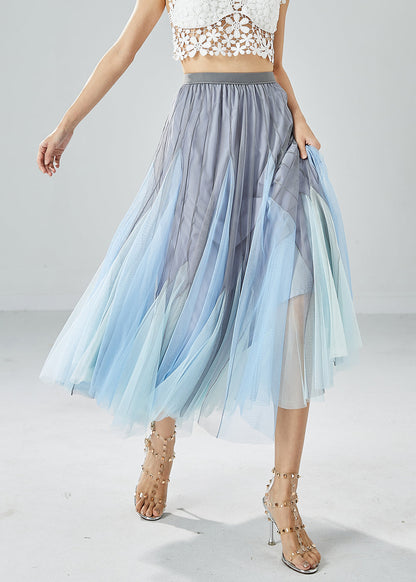 Handmade Grey Blue High Waist Patchwork Tulle Pleated Skirt Summer LY6061 - fabuloryshop