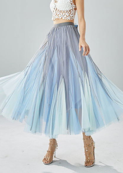 Handmade Grey Blue High Waist Patchwork Tulle Pleated Skirt Summer LY6061 - fabuloryshop