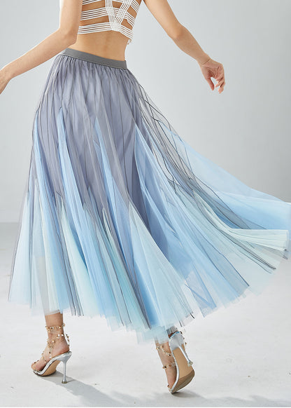 Handmade Grey Blue High Waist Patchwork Tulle Pleated Skirt Summer LY6061 - fabuloryshop