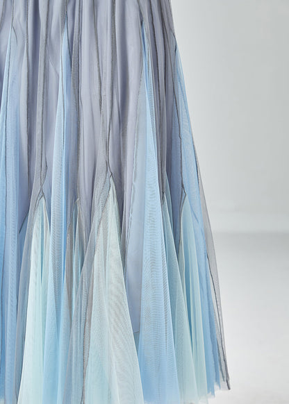 Handmade Grey Blue High Waist Patchwork Tulle Pleated Skirt Summer LY6061 - fabuloryshop