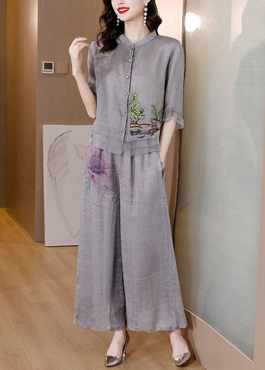 Handmade Grey Embroideried Patchwork Linen Two Pieces Set Summer LY2789 - fabuloryshop