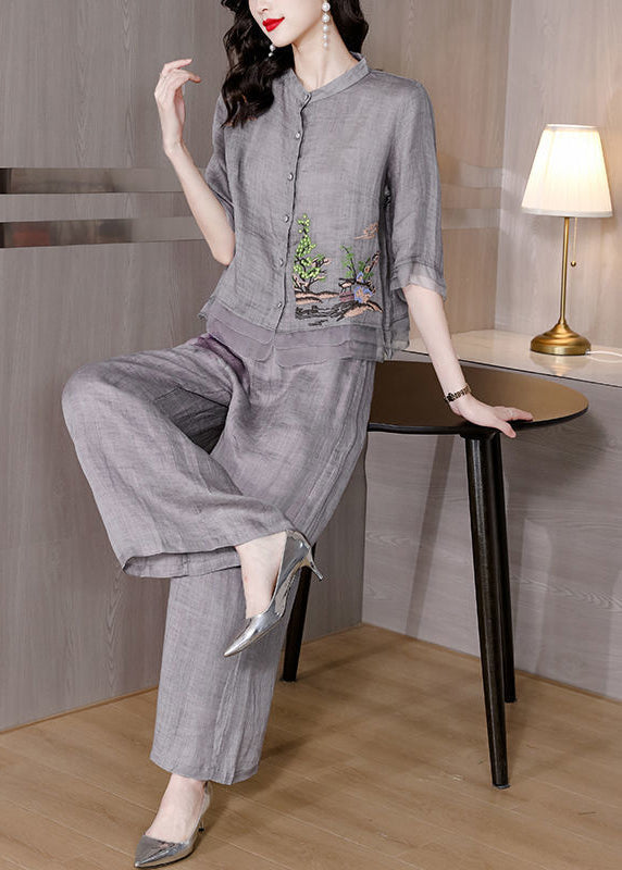 Handmade Grey Embroideried Patchwork Linen Two Pieces Set Summer LY2789 - fabuloryshop