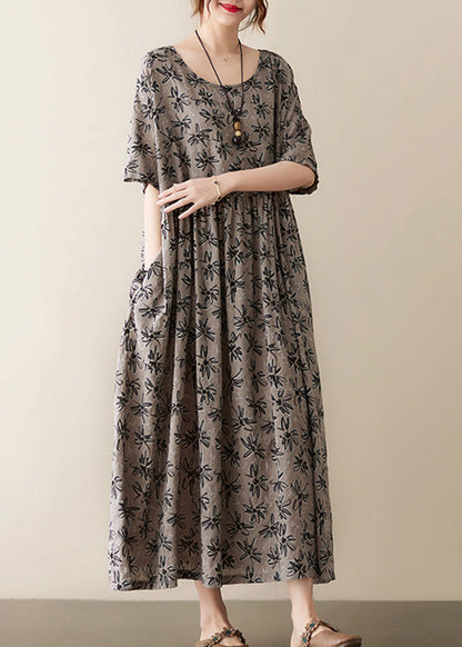 Handmade Grey O-Neck Print Cotton Maxi Dress Short Sleeve Ada Fashion