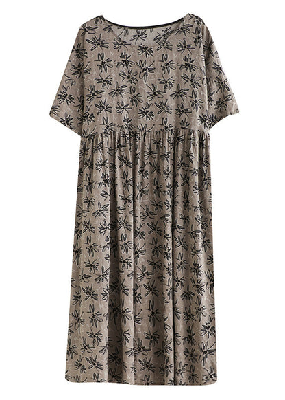 Handmade Grey O-Neck Print Cotton Maxi Dress Short Sleeve Ada Fashion