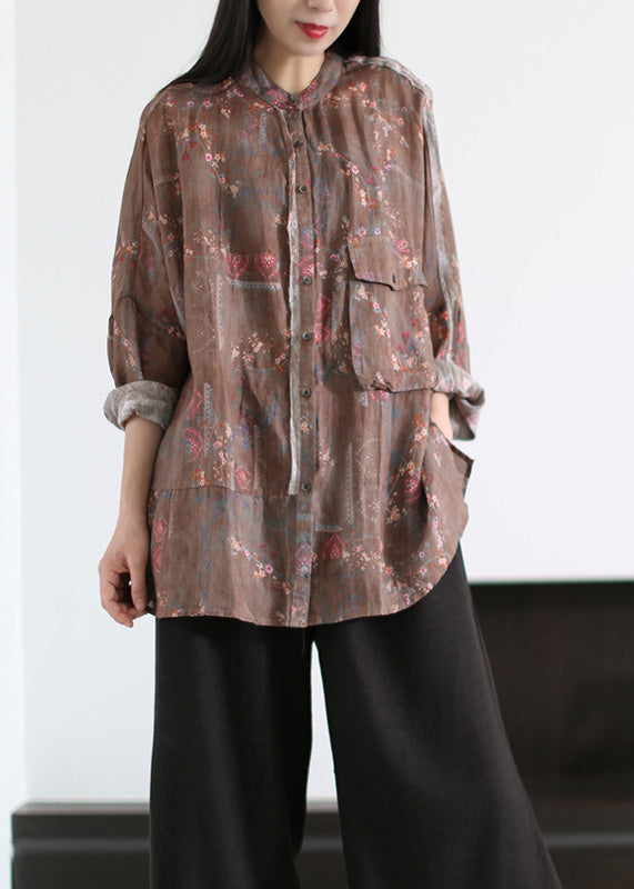 Handmade Grey Print Button Ramie Shirts Long Sleeve LY5110 - fabuloryshop