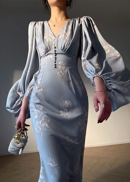 Handmade Grey V Neck Print Silk Maxi Dresses Lantern Sleeve LC0484 - fabuloryshop