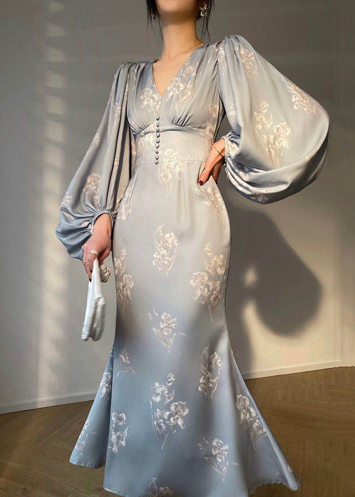 Handmade Grey V Neck Print Silk Maxi Dresses Lantern Sleeve LC0484 - fabuloryshop