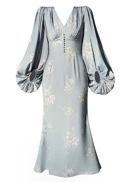 Handmade Grey V Neck Print Silk Maxi Dresses Lantern Sleeve LC0484 - fabuloryshop