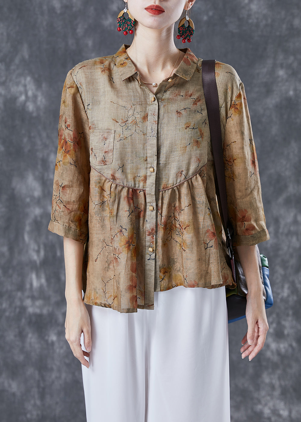 Handmade Khaki Asymmetrical Patchwork Print Linen Shirt Tops Summer LY4145 - fabuloryshop