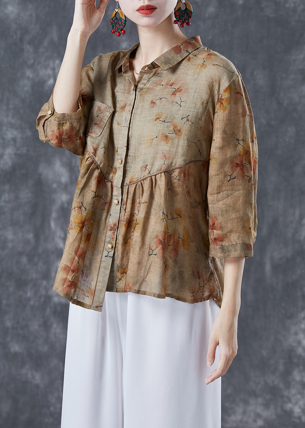 Handmade Khaki Asymmetrical Patchwork Print Linen Shirt Tops Summer LY4145 - fabuloryshop