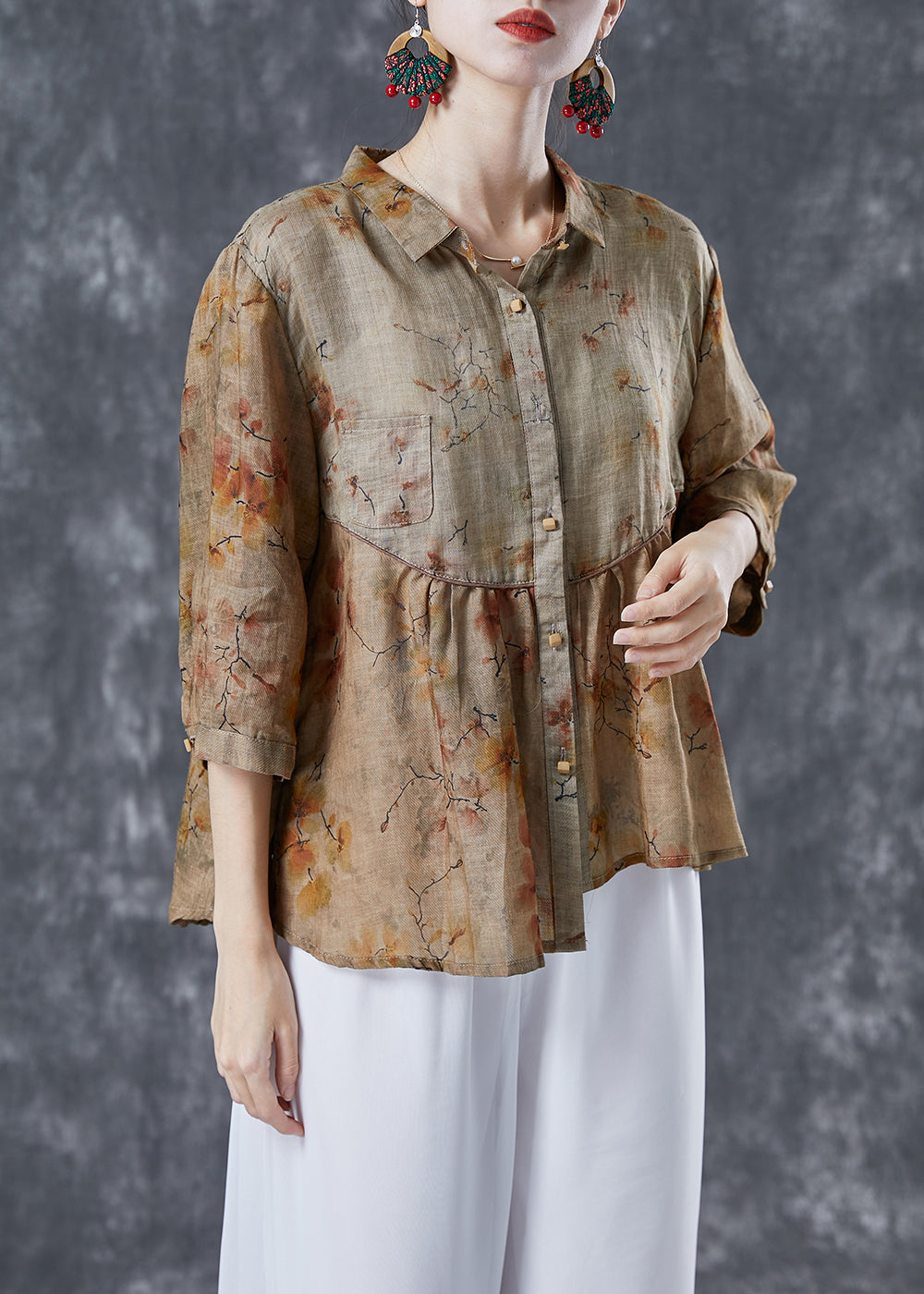 Handmade Khaki Asymmetrical Patchwork Print Linen Shirt Tops Summer LY4145 - fabuloryshop