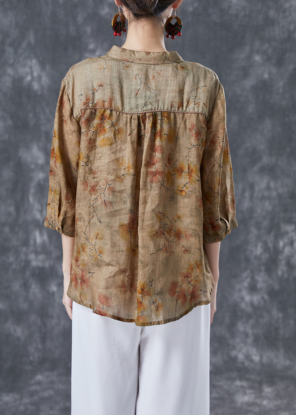 Handmade Khaki Asymmetrical Patchwork Print Linen Shirt Tops Summer LY4145 - fabuloryshop