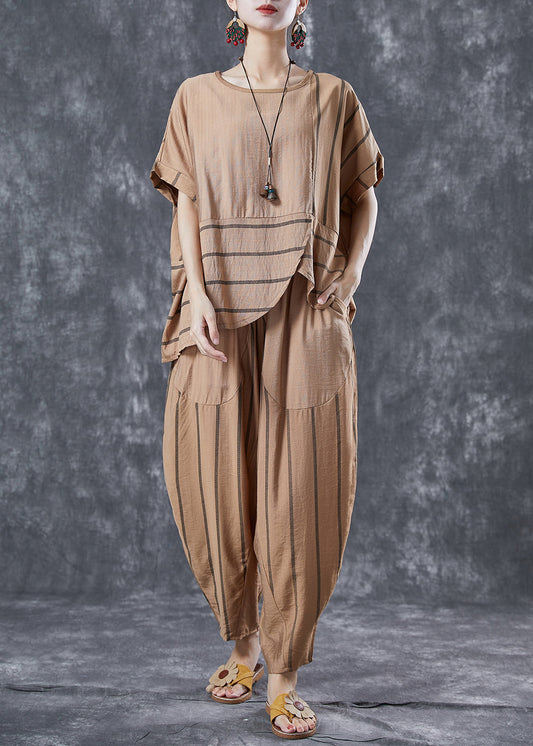 Handmade Khaki Asymmetrical Striped Linen Two Piece Set Women Clothing Summer LY5670 - fabuloryshop