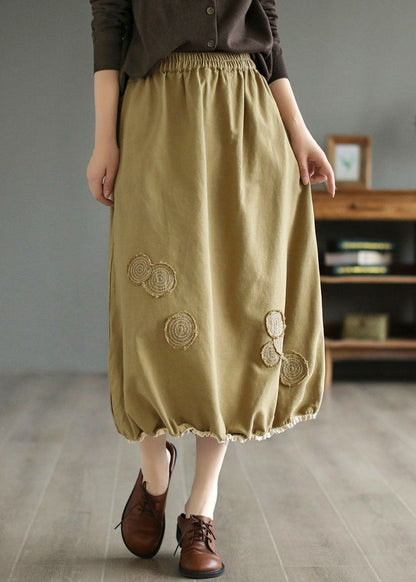 Handmade Khaki Embroideried Elastic Waist Patchwork Cotton Skirts Spring LY4140 - fabuloryshop