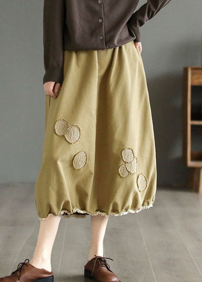 Handmade Khaki Embroideried Elastic Waist Patchwork Cotton Skirts Spring LY4140 - fabuloryshop