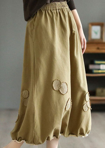 Handmade Khaki Embroideried Elastic Waist Patchwork Cotton Skirts Spring LY4140 - fabuloryshop